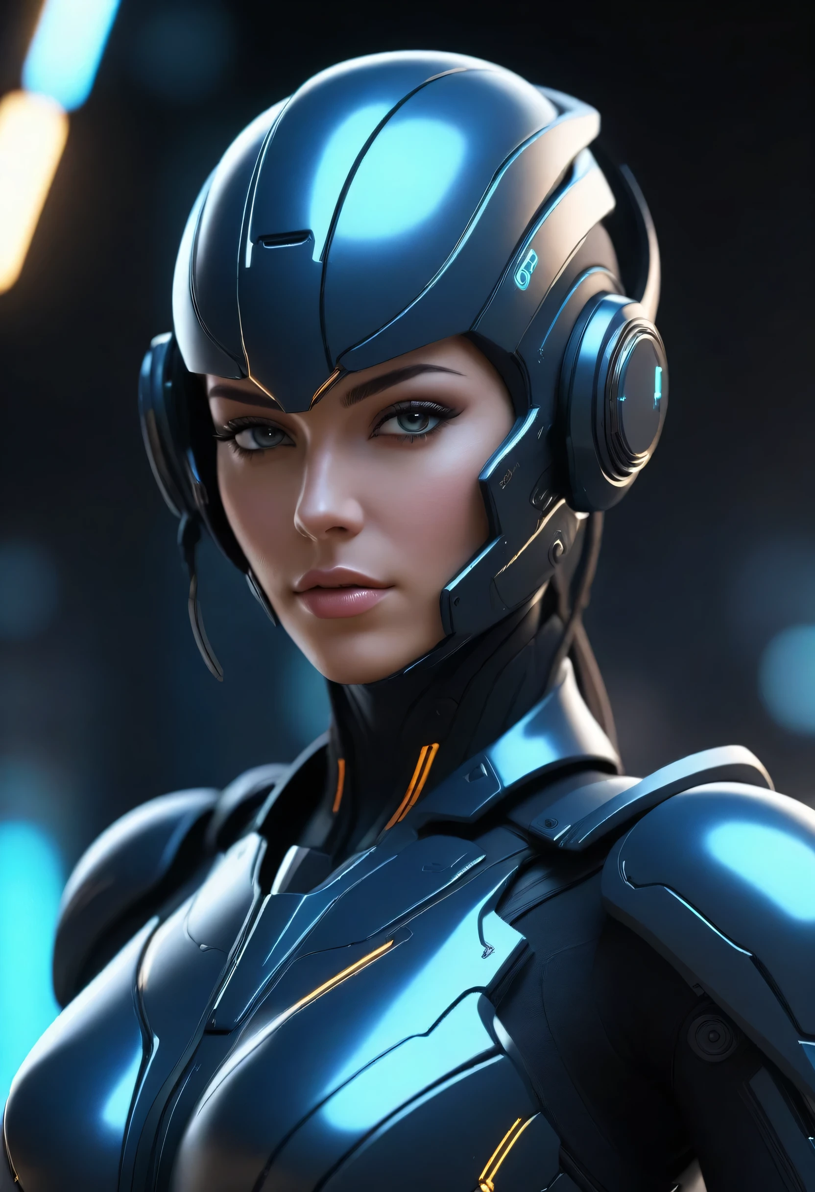 solo, super fine photo, full body picture Unreal Engine 5 8K UHD of a girl, wearing black tight shiny suit with cybernetic details, high-tech armor, long black glove, ponytail hair, half face cybernetic mask, cyberpunk character, futuristic city fantasy background, best quality, masterpiece, unified 8k wallpaper, super detailed, sharp focus, female pose
