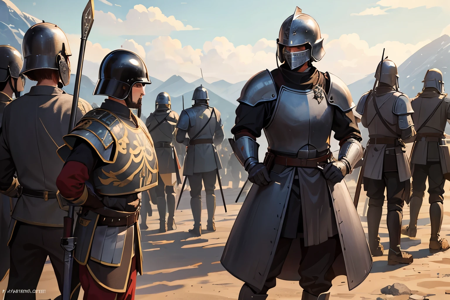 imperial army standing on battleground, wearing helmets and heavy armor, black armor, spearmen, knights, archers