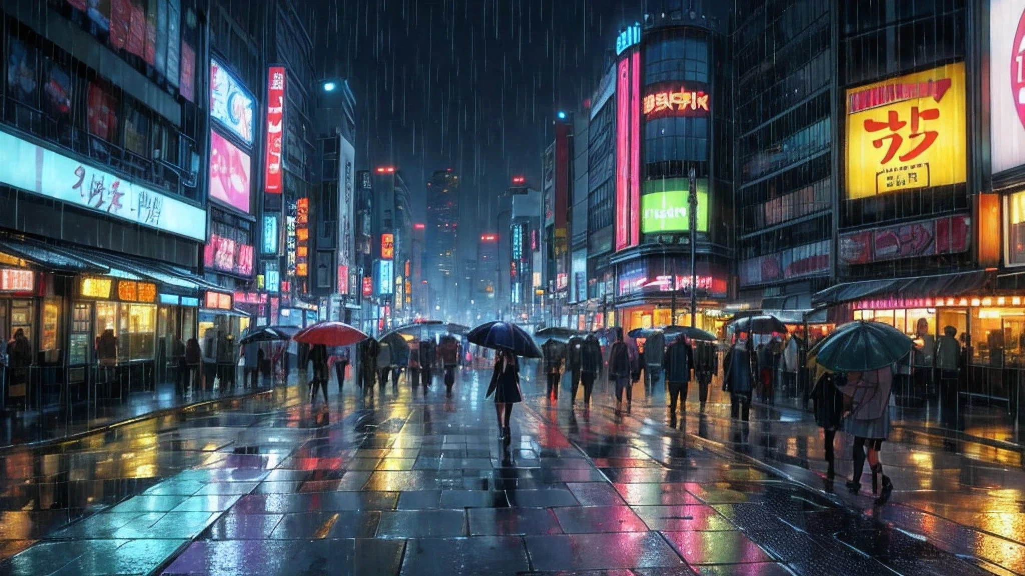 A nighttime scene of Tokyo on a rainy night, drawn in anime art style. The image features the bustling streets of Shibuya, with people carrying colorful umbrellas. Neon lights from shops and signs reflect off the wet pavement and puddles, creating a bright and vibrant effect. Details such as the Tokyo Tower in the background and anime-style advertisements add authenticity to the scene. The atmosphere is dynamic and atmospheric, capturing the energy and beauty of the city even in the rain.