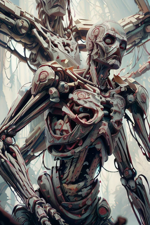 male Deadpool blending organic and futuristic elements, ((with a left side of anatomical human body and a right side half transformed into a biomechanical robot body)), fighting pose, 16k, RAW photo, best quality, masterpiece, high detail RAW color photo, dramatic lighting, cinematic lighting,
