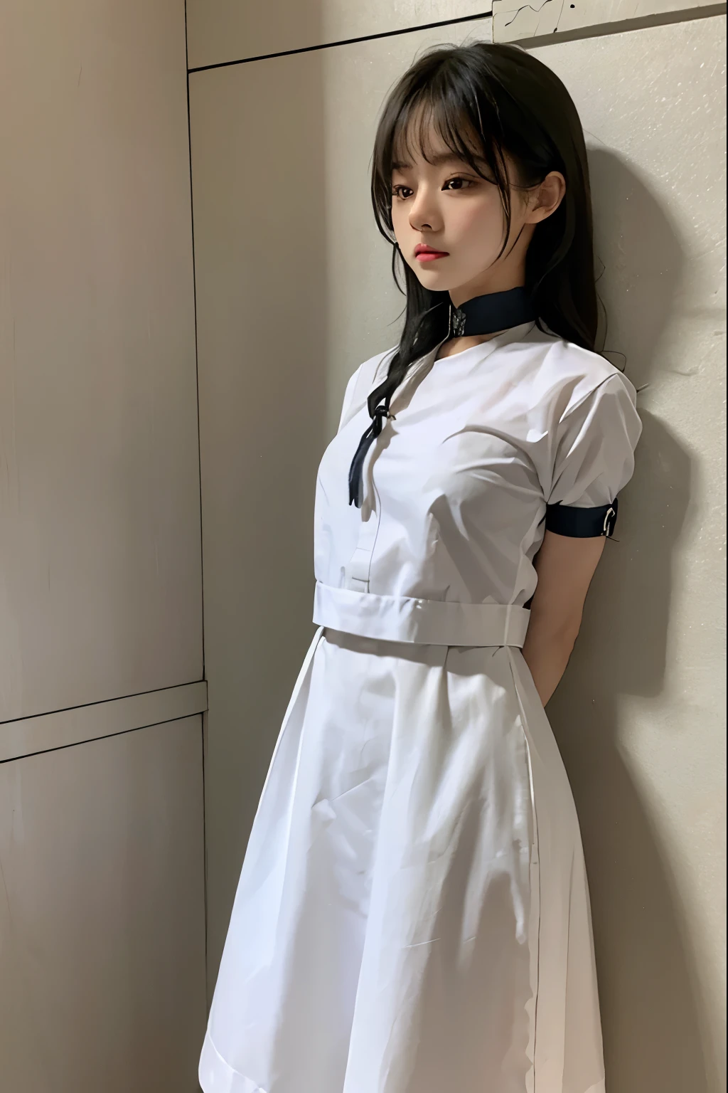 A cute girl is confined and tied up、Beauty、Make your eyes even、My hands are tied with ropes、Inside the hotel room、White short-sleeved shirt、Navy semi-long skirt、Standing in front of a wall、Age 25、Medium build、Like real life、highest quality、