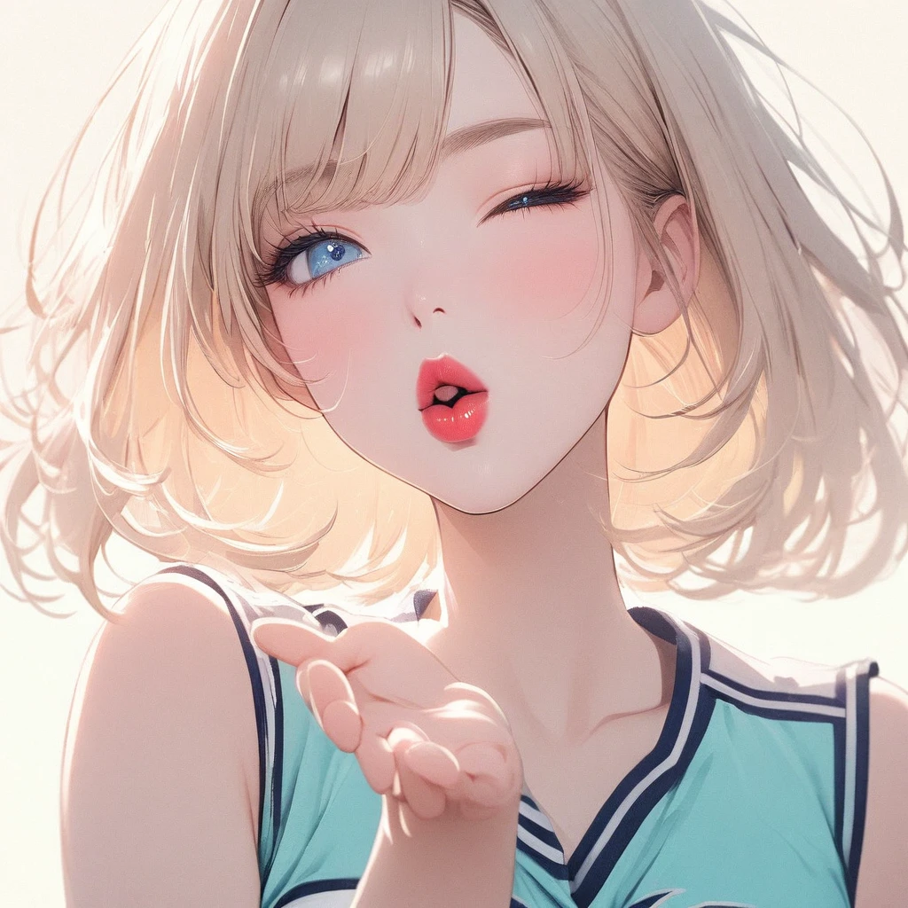 Girl, light blonde hair, blue eyes, beautiful, cheerleader uniform, pastel colors, face close-up, flat, lipgloss, brat, ethereal, short hair, puckering up, kissy face, blowing a kiss, eyes closed, red lips