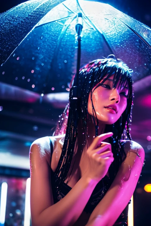 Beautiful Japanese woman in a cabaret club getting wet in the rain