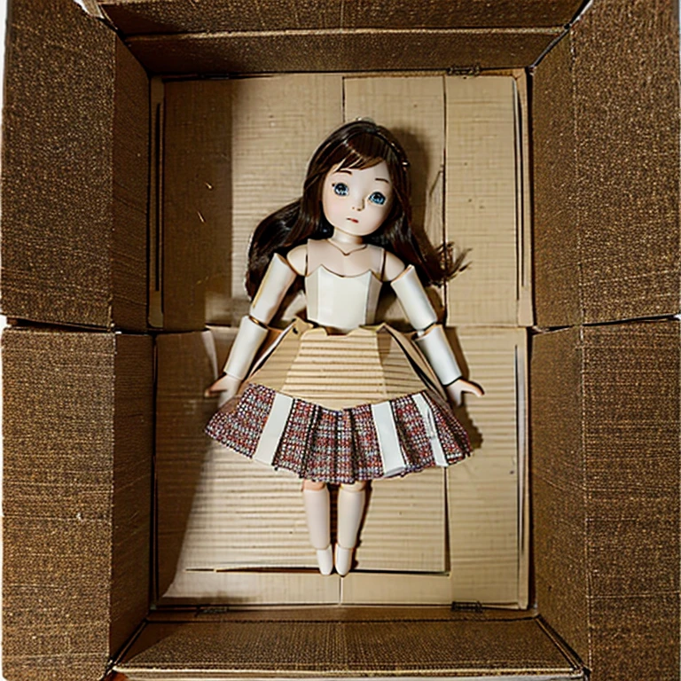 Jointed wooden doll in a cardboard box 