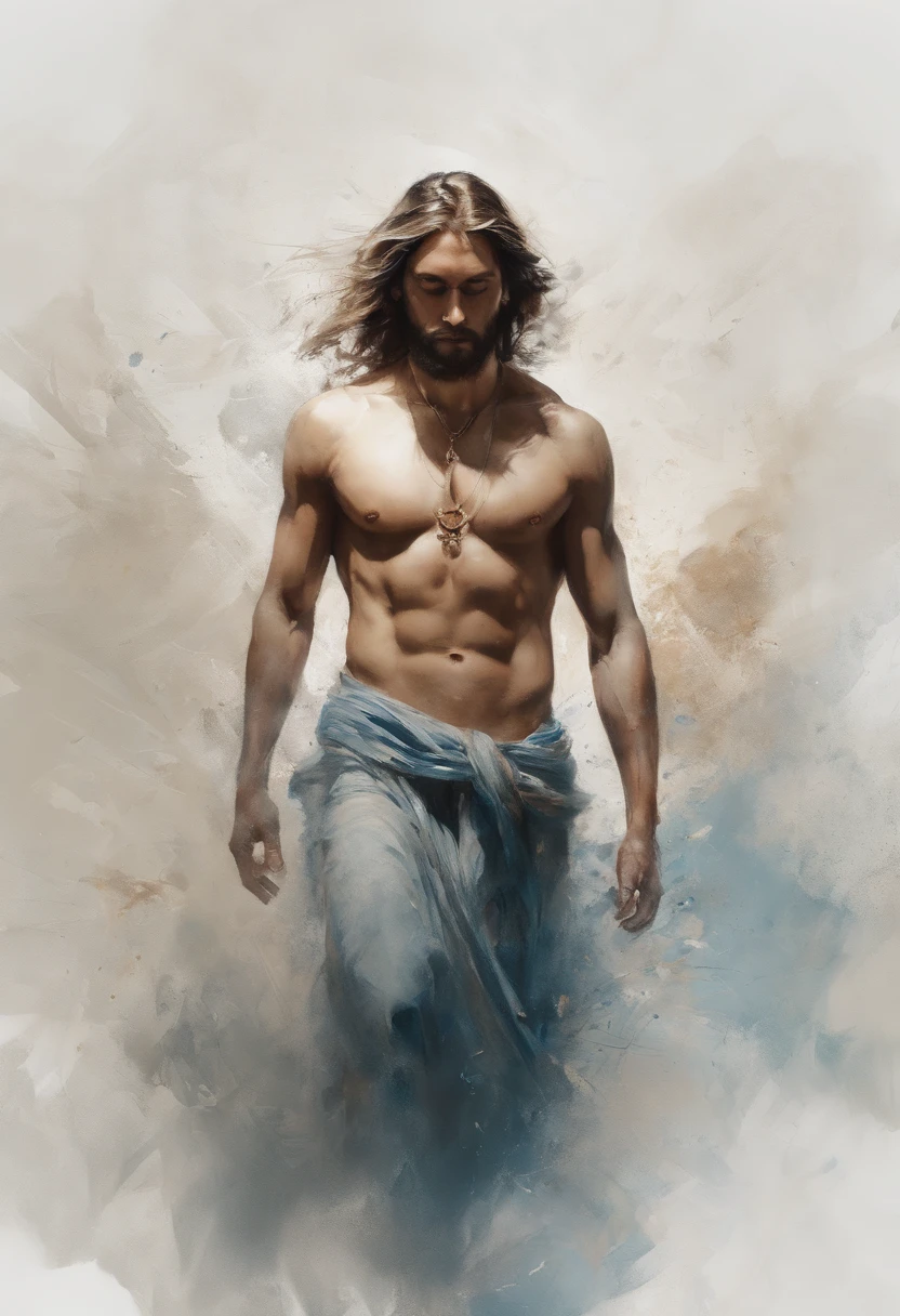 Perfect centering, Jesus Cristo, standing position, beleza abstrata, centrado, looking at the camera, facing the camera, approaching perfection, dynamic, altamente detalhado, suave, sharp focus, 8K, high definition resolution, illustration, arte de Carne Griffiths e Wadim Kashin, fundo branco