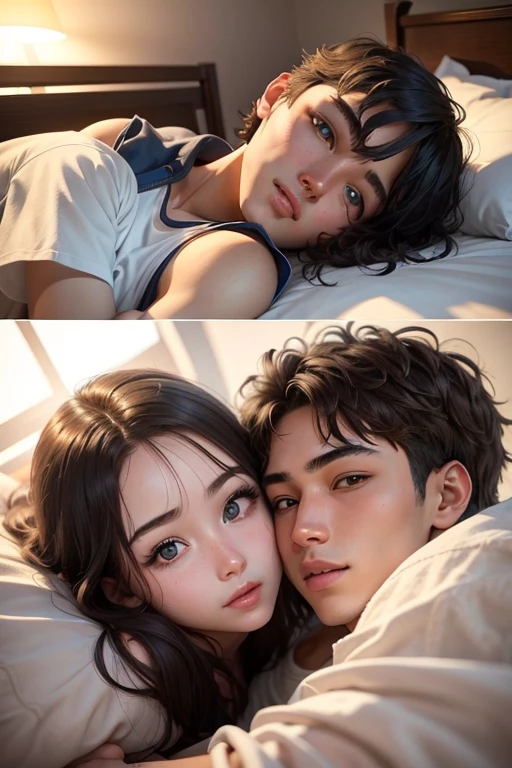 20-year-old boy and 18-year-old girl,Detailed face,Detailed eyes,double eyelid,Handsome,Sunny one,ssmile, almost kissing, in bed