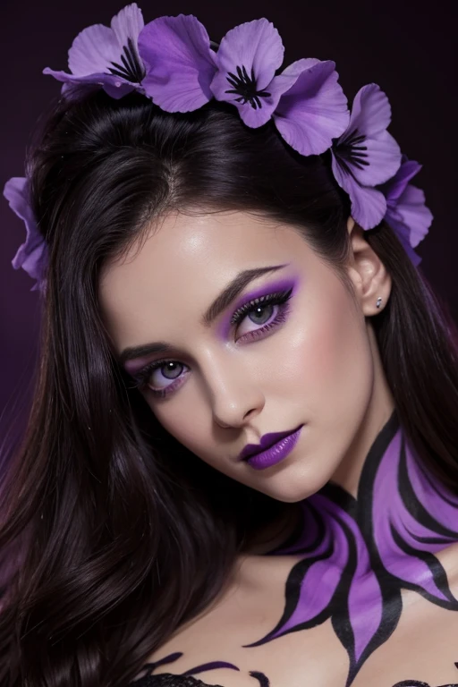 Jeune femme de 25 ans, visage fin, cheveux long, yeux marrons, HD, 8K, masterpiece, sourire romantique, sexy, mascara noir, maquillage noir, black lips, tenue gothique, vêtements noirs et violets, toile d'araignée en dentelle, cheveux noirs et violets, bodypainting, purple paint, purple tears on the cheecks, dracula, lying in a large purple velvet bed, topless