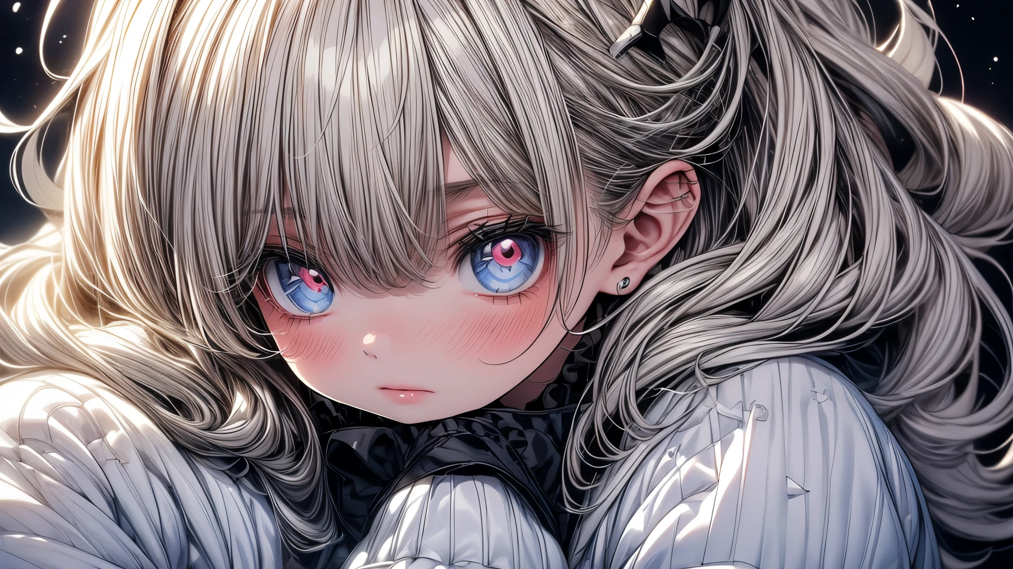 1 chica, copos, milk girl, Leche, pelo de color blanco, ropa blanca, piel blanca como la nieve, Hair copos, copos on the cheeks, copos on the face, Colorful copos, copos on clothes, Fondo blanco, La leche fluye