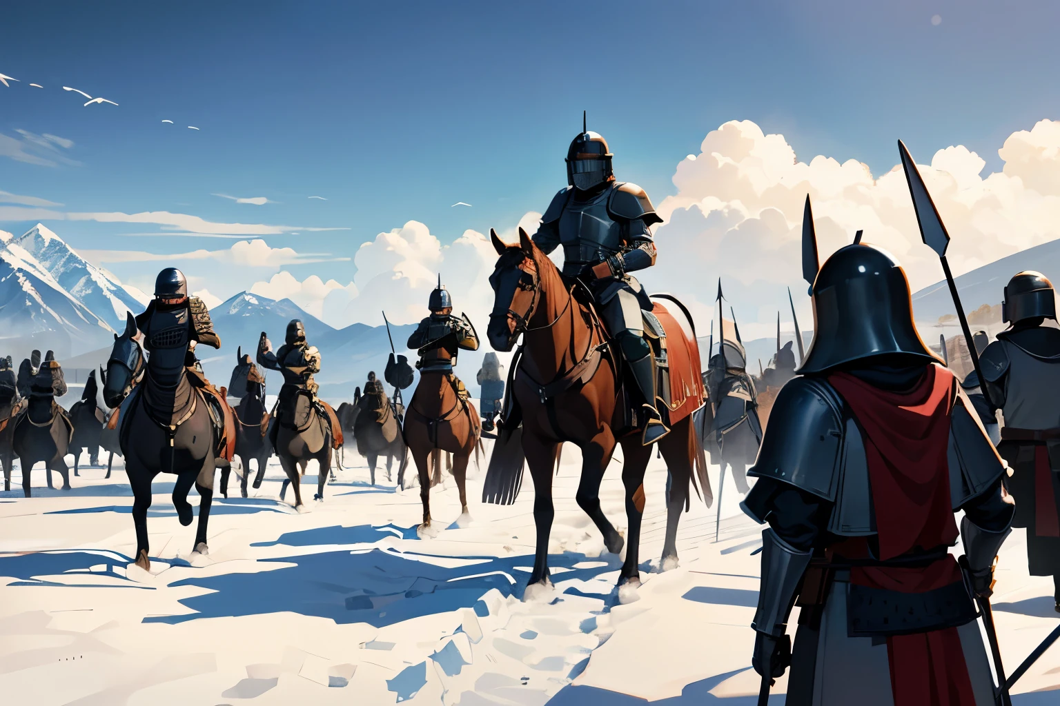 imperial army standing on battleground, wearing helmets and heavy armor, black armor, spearmen, knights, archers
