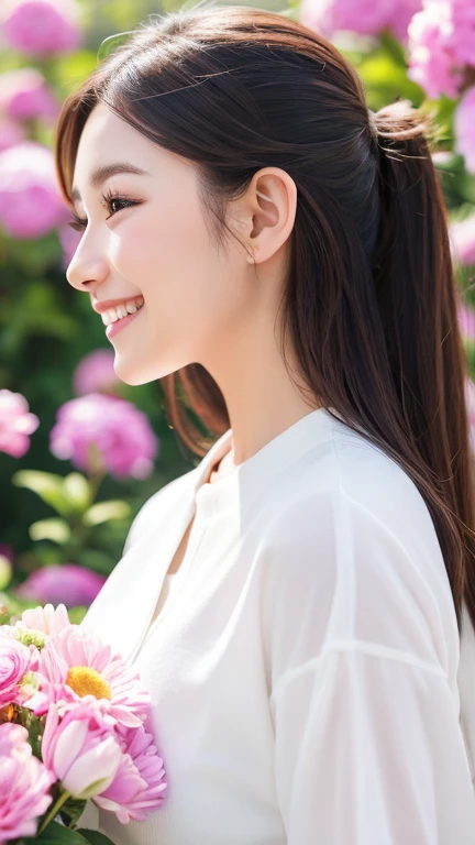 Logo, patch、cute、smile、woman、profile、Colorful flowers all around、Background is white、Simple Background、Something luxurious