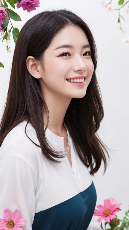 Logo, patch、cute、smile、woman、profile、Colorful flowers all around、Background is white、Simple Background、Something luxurious