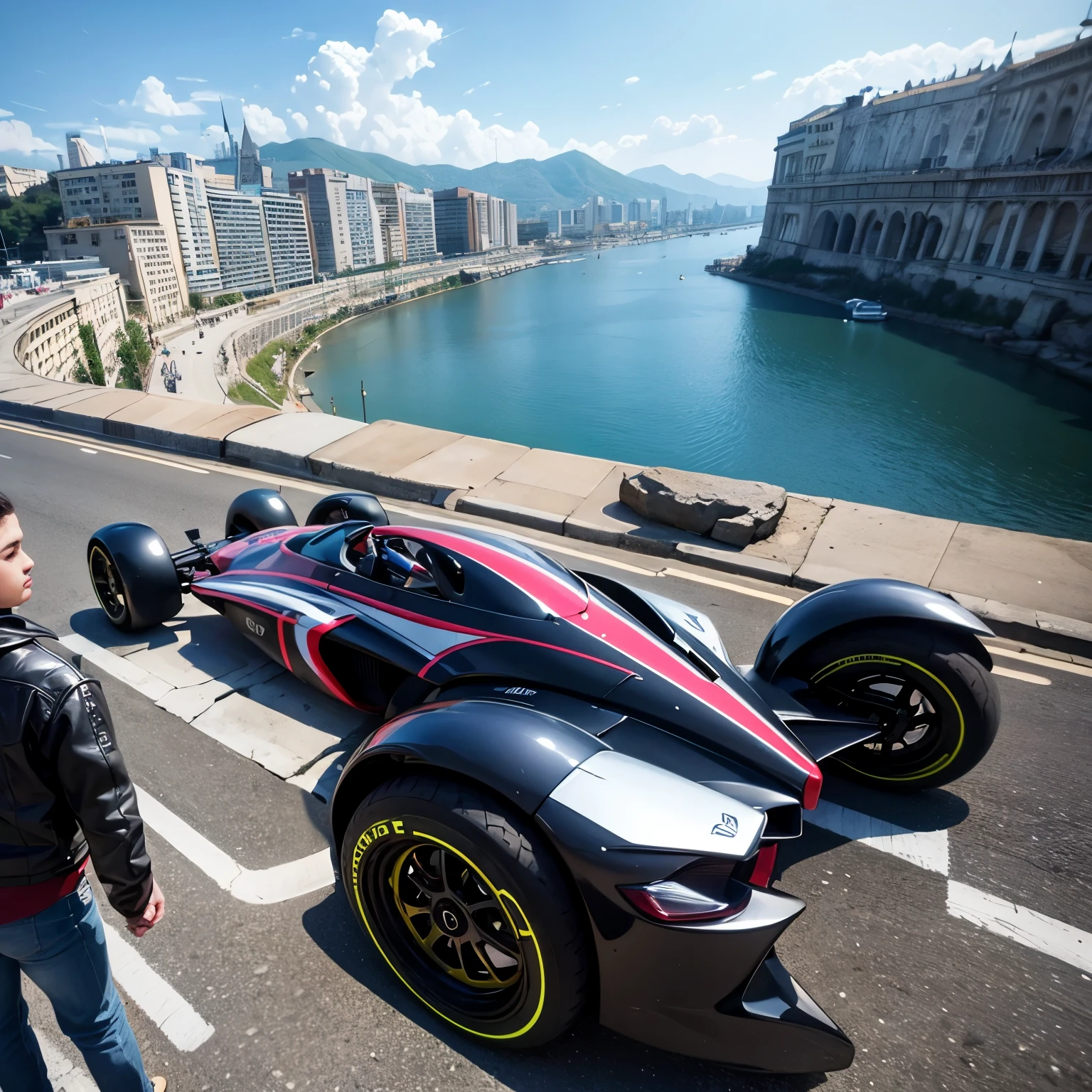 Una ciudad futurista con autos deportivos y un personaje central adolescente gamer