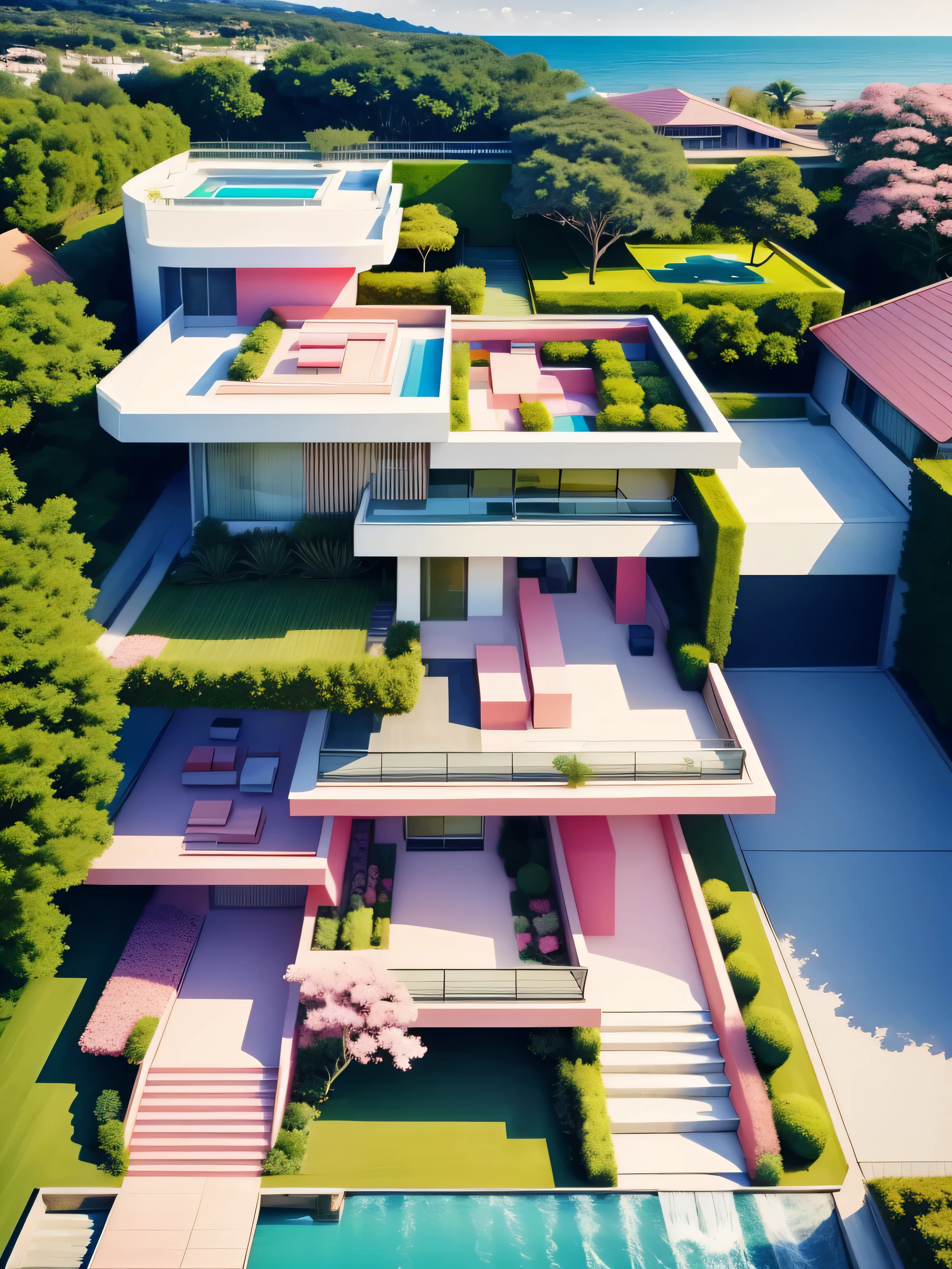 Modern house, seen from a bird's eye view, exterior, pink, pop art style, tree, flower, outdoors, blurry background, realistic, bush, flowers, waterfall, lamp, supercar, swimming pool, garage, garden, beach.