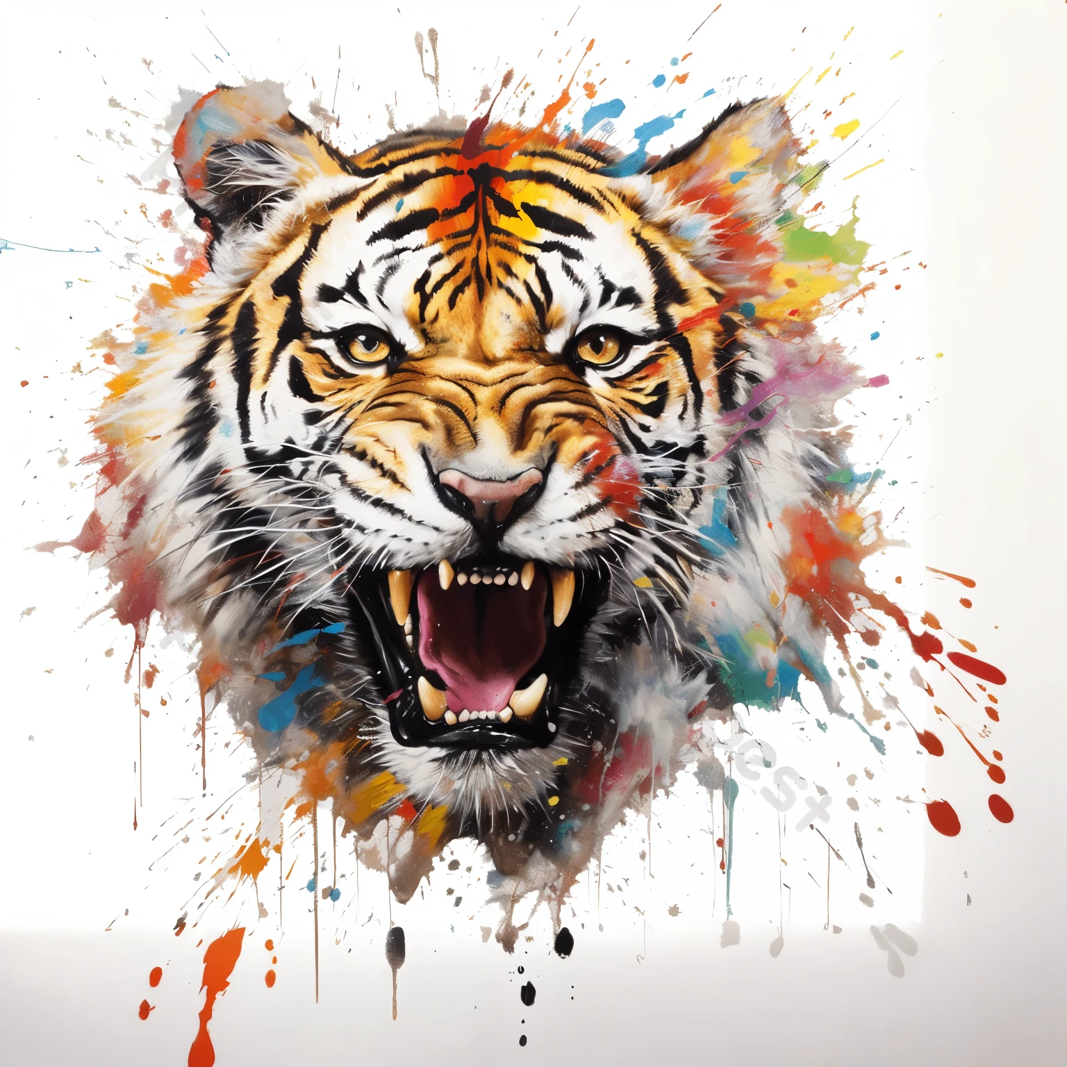 painting of a tiger with paint splatters on it's face, ((tiger)), tiger face, tiger, tiger head, tiger_beast, wild style, sacred tiger, fierce expression, half tiger, fierce expression 4k, tigers, aggressive look, cosmic tiger, a tiger, amazing art, stunning art, wild look, wild pencil style, 2018