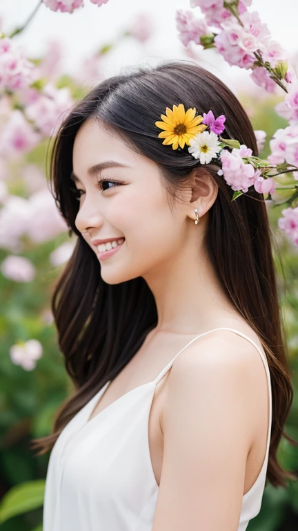 (((Logo)))、smile、woman、profile、Colorful flowers all around、Background is white、Simple Background、Something luxurious