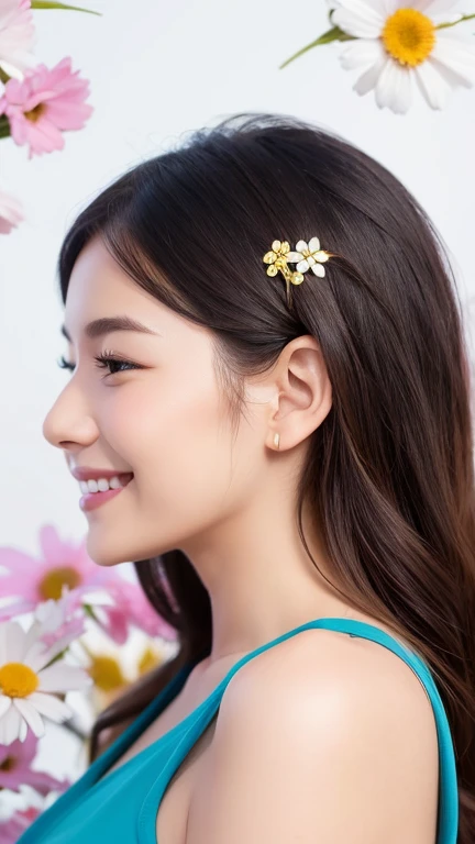 (((Logo)))、smile、woman、profile、Colorful flowers all around、Background is white、Simple Background、Something luxurious