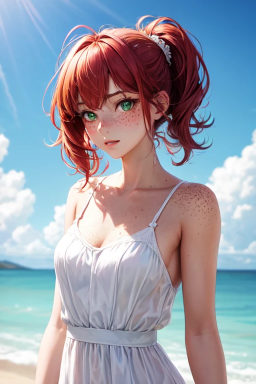 Redhead woman with white skin and green eyes also had freckles, vestida con un vestido blanco largo lleno de sangre , 18 year old woman  , vestido suelto 