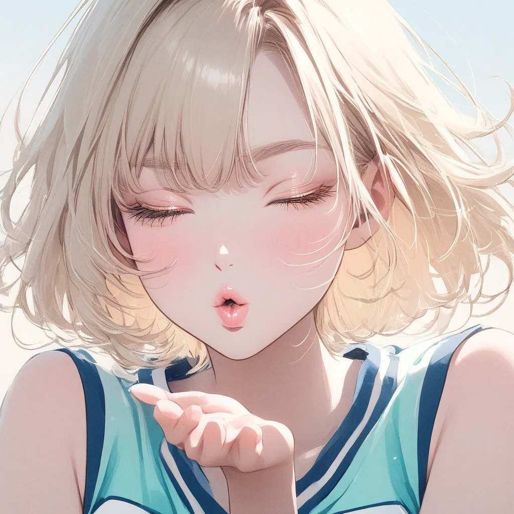 Girl, light blonde hair, blue eyes, beautiful, cheerleader uniform, pastel colors, face close-up, flat, lipgloss, brat, ethereal, short hair, puckering up, kissy face, blowing a kiss, eyes closed, blonde eyelashes 