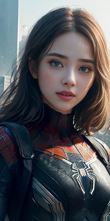 (1girl:1.3), Solo, (((Very detailed face)))), ((Very detailed eyes and face)))), Beautiful detail eyes, Body parts__, Official art, Unified 8k wallpaper, Super detailed, beautiful and beautiful, beautiful, masterpiece, best quality, original, masterpiece, super fine photo, best quality, super high resolution, realistic realism, sunlight, full body portrait, amazing beauty, dynamic pose, delicate face, vibrant eyes, (from the front), She wears Spider-Man suit, red and black color scheme, spider, very detailed city roof background, rooftop, overlooking the city, detailed face, detailed complex busy background, messy, gorgeous, milky white, highly detailed skin, realistic skin details, visible pores, clear focus, volumetric fog, 8k uhd, DSLR, high quality, film grain, fair skin, photo realism, lomography, futuristic dystopian megalopolis, translucent