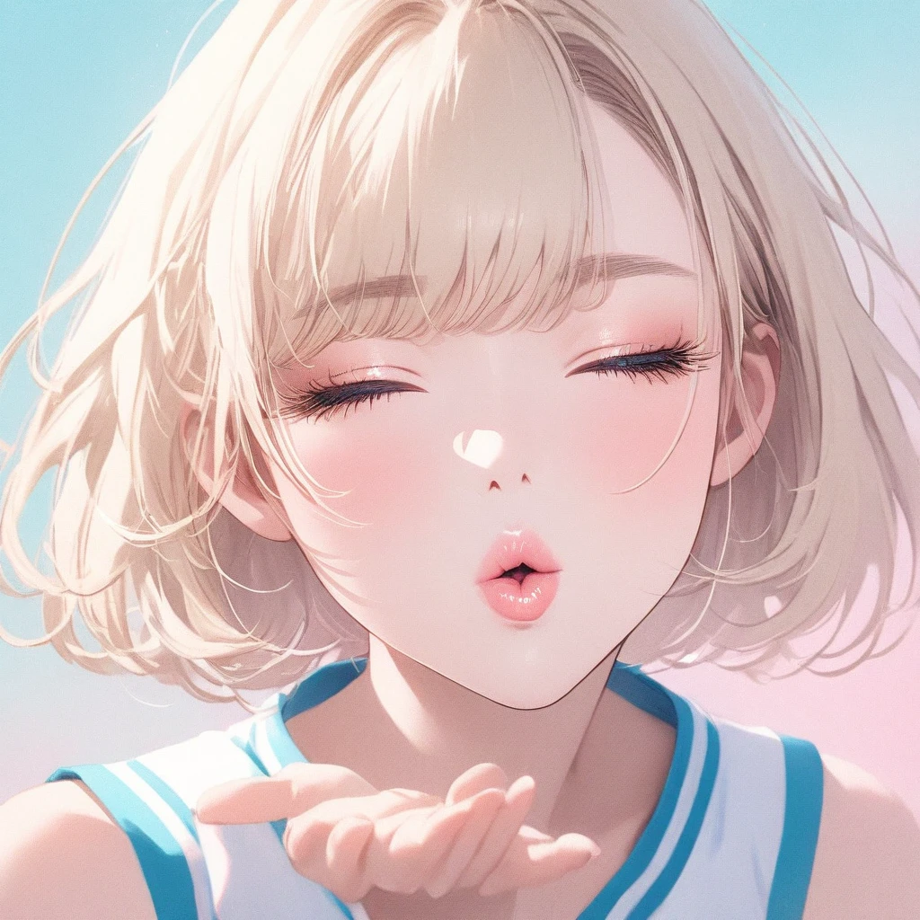 Girl, light blonde hair, blue eyes, beautiful, cheerleader uniform, pastel colors, face close-up, flat, lipgloss, brat, ethereal, short hair, puckering up, kissy face, blowing a kiss, eyes closed, blonde eyelashes 