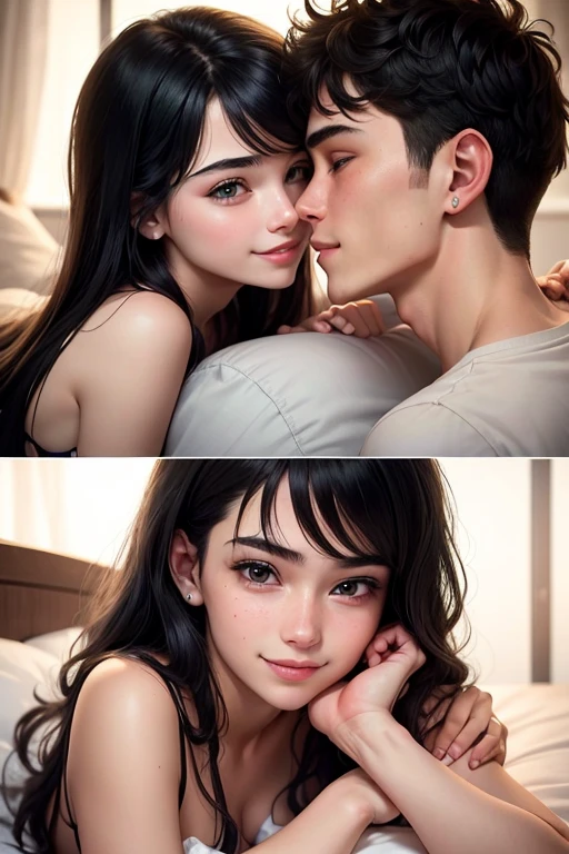 20-year-old boy and 18-year-old girl，Detailed face，Detailed eyes, cute, smile, sexy, almost kissing, in bed. Couple pose. Lovemaking. Black hair