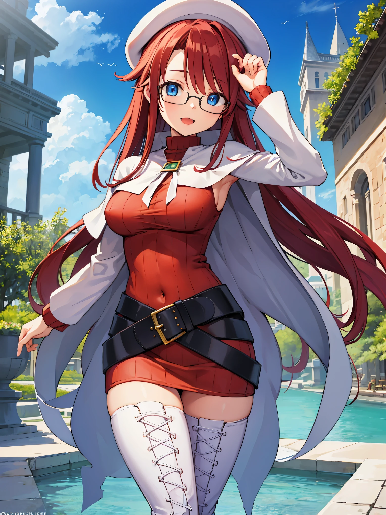 pov,nsfw,summonnightaty, aty, (young:1.3),long hair, blue eyes, red hair, large_beret, hat, glasses,
BREAK long hair, thighhighs, hat, dress, boots, glasses, belt, cape, sweater, zettai ryouiki, beret, thigh boots, white footwear, ribbed sweater, loose belt,solo,
BREAK outdoors, fantasy,on_the_ship,on_the_ship's_railing
,
BREAK (masterpiece:1.2), best quality, high resolution, unity 8k wallpaper, (illustration:0.8), (beautiful detailed eyes:1.6), extremely detailed face, perfect lighting, extremely detailed CG, (perfect hands, perfect anatomy),covered_nipples,covered_navel,light_smile ,(half_eyes:1.4),sword,armpit,sleepy,dynamic_dancing,barrel,red_sweater,apart_legs,magical_effect,spread_legs, have_a_book,open_mouth,teacher,rise_knee,