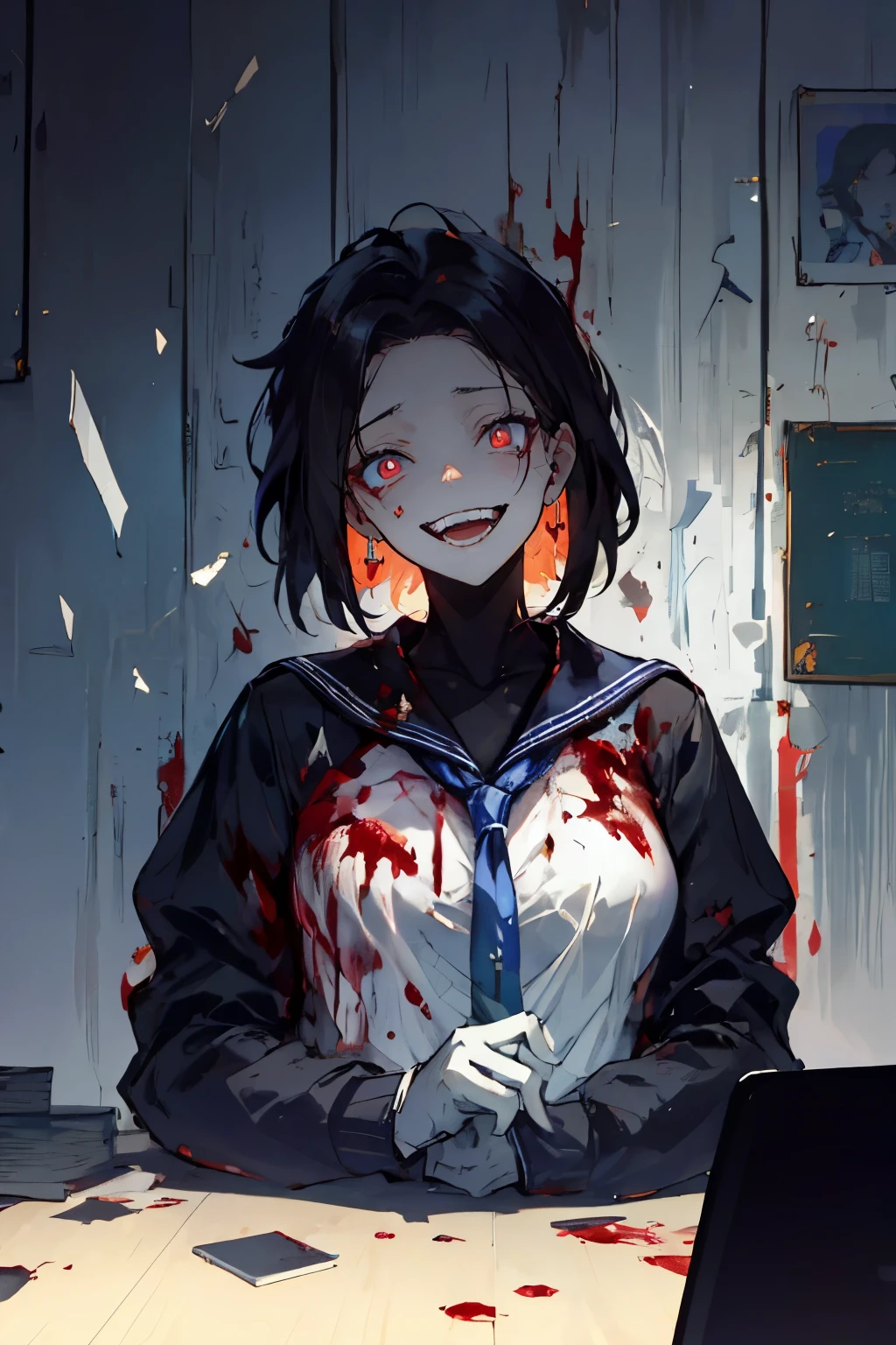 Please generate a close-up, portrait-style anime image of a yandere girl. She has long, disheveled black or dark brown hair, with large, gleaming eyes filled with a crazed light, and her pupils slightly contracted. She wears a classic Japanese high , a white shirt with a sailor skirt that has some blood stains. She has a dangerously alluring figure. She holds a bloodied knife in her hand, with an eerie and maniacal smile on her face, her mouth unnaturally wide and twisted. The background is a dimly lit classroom with blood stains and graffiti on the walls. The floor is littered with broken books and glass shards, creating a sinister and terrifying atmosphere. She should appear intensely obsessed with the viewer, her eyes fixed on them with a look of dangerous devotion and possessiveness. The image should be highly detailed, a masterpiece with excellent lighting and the best possible quality.