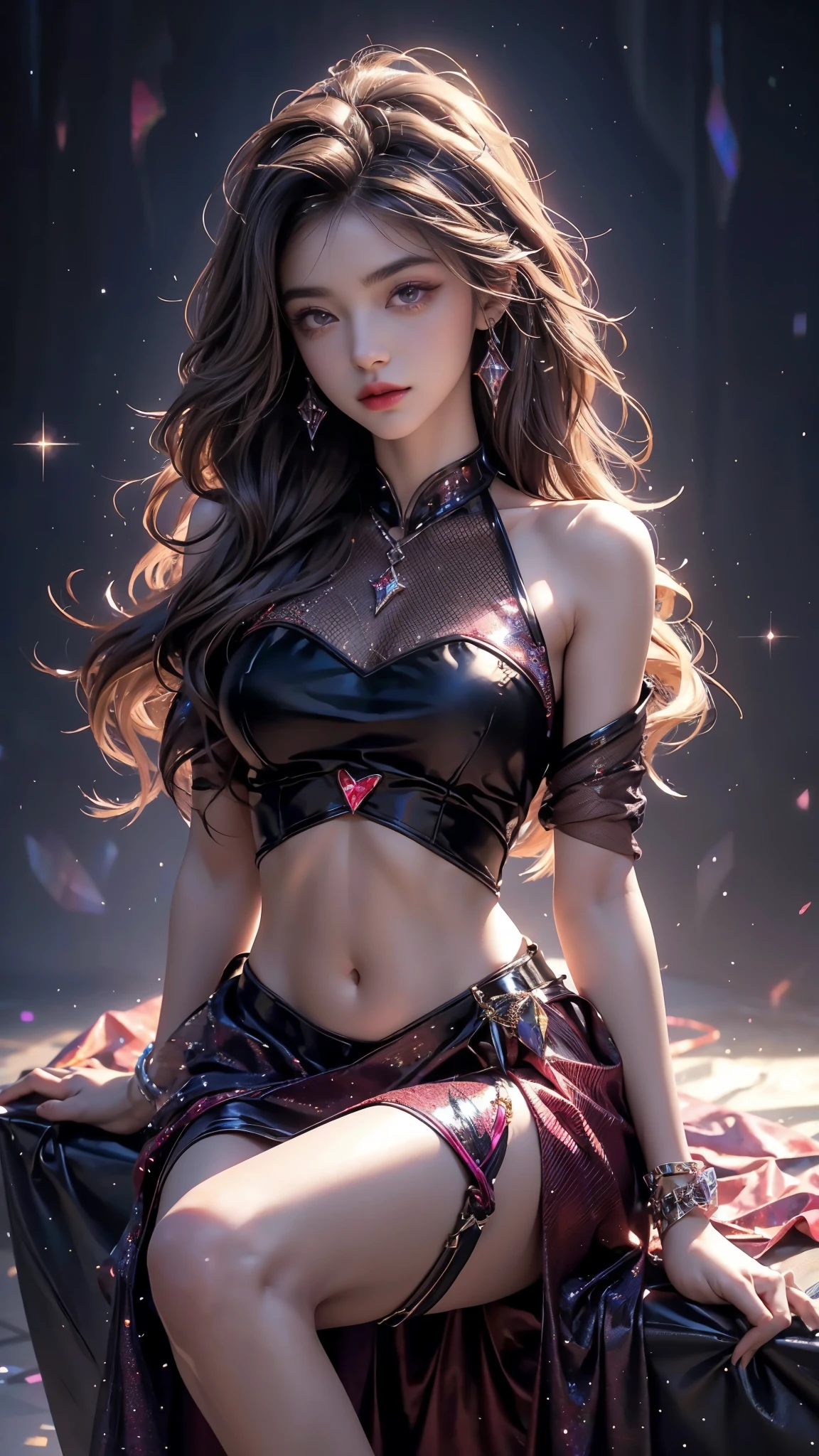 4K, UHD, masterpiece, Best quality, 1 girl, detailed face, detailed eyes, realistic Eyelid, Kda, Alone, very Long hair, small breasts, ((red sparkle dress)), ankle-length skirt, ((mesh sardine)), ((bare navel)), looking at viewert, Multicolored glowing crystals, heart sparkle, neon sparkle, bloom, ray tracing, god rays, HDR, DSLR,