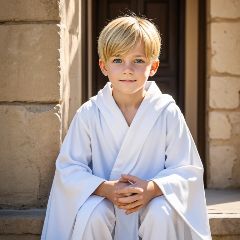 Ten year old kid with bright blonde hair and green eyes in white robes 