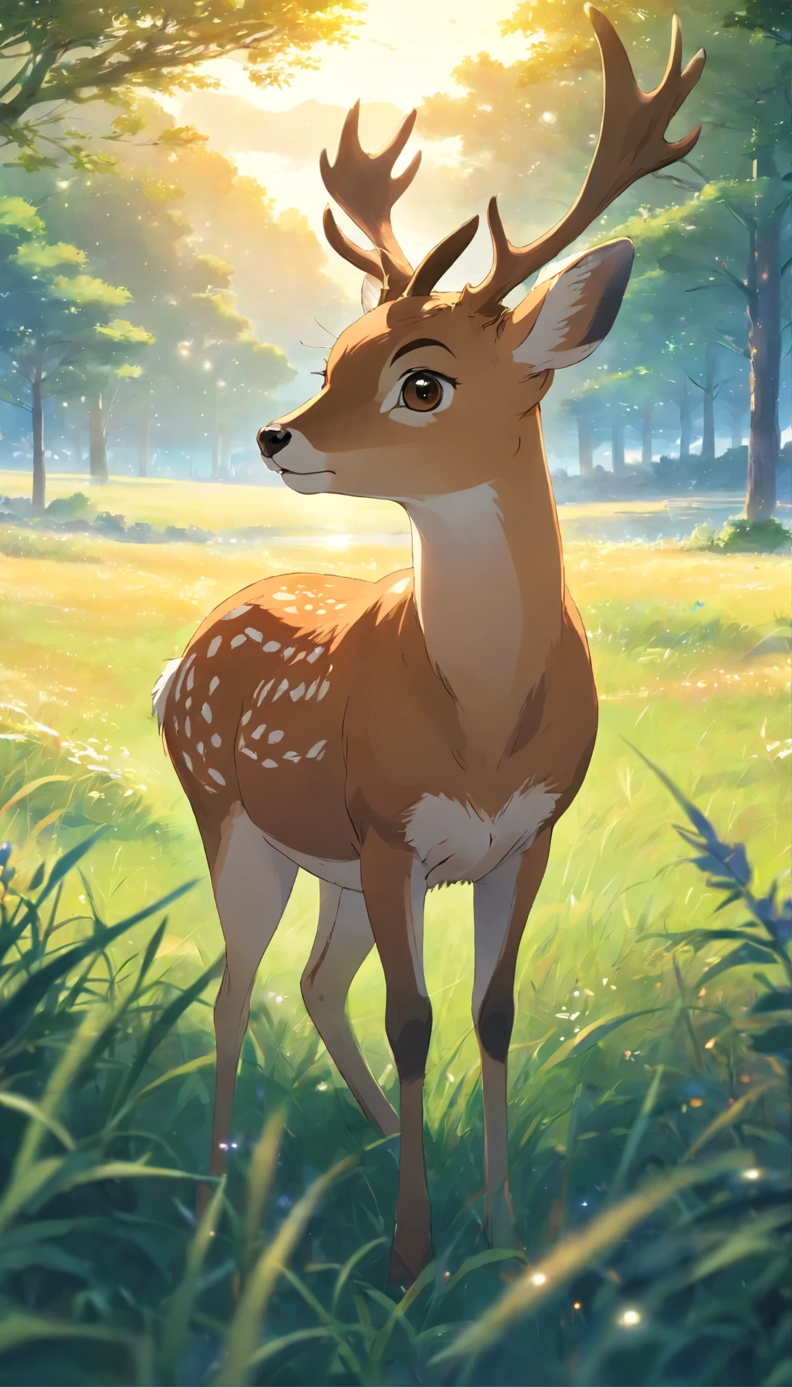 Illustrate a close-up view of a serene deer standing in a meadow at dawn. Focus on the gentle expression and delicate features of the deer, with morning dew glistening on the grass around it. The background should be soft and muted, with the rising sun casting a warm glow, by makoto shinkai, anime beautiful peace scene, beautiful anime scene, anime background art, anime landscape wallpaper, anime countryside landscape, anime art wallpaper 4 k, anime art wallpaper 4k, beautiful anime scenery, anime art wallpaper 8 k, amazing wallpaper