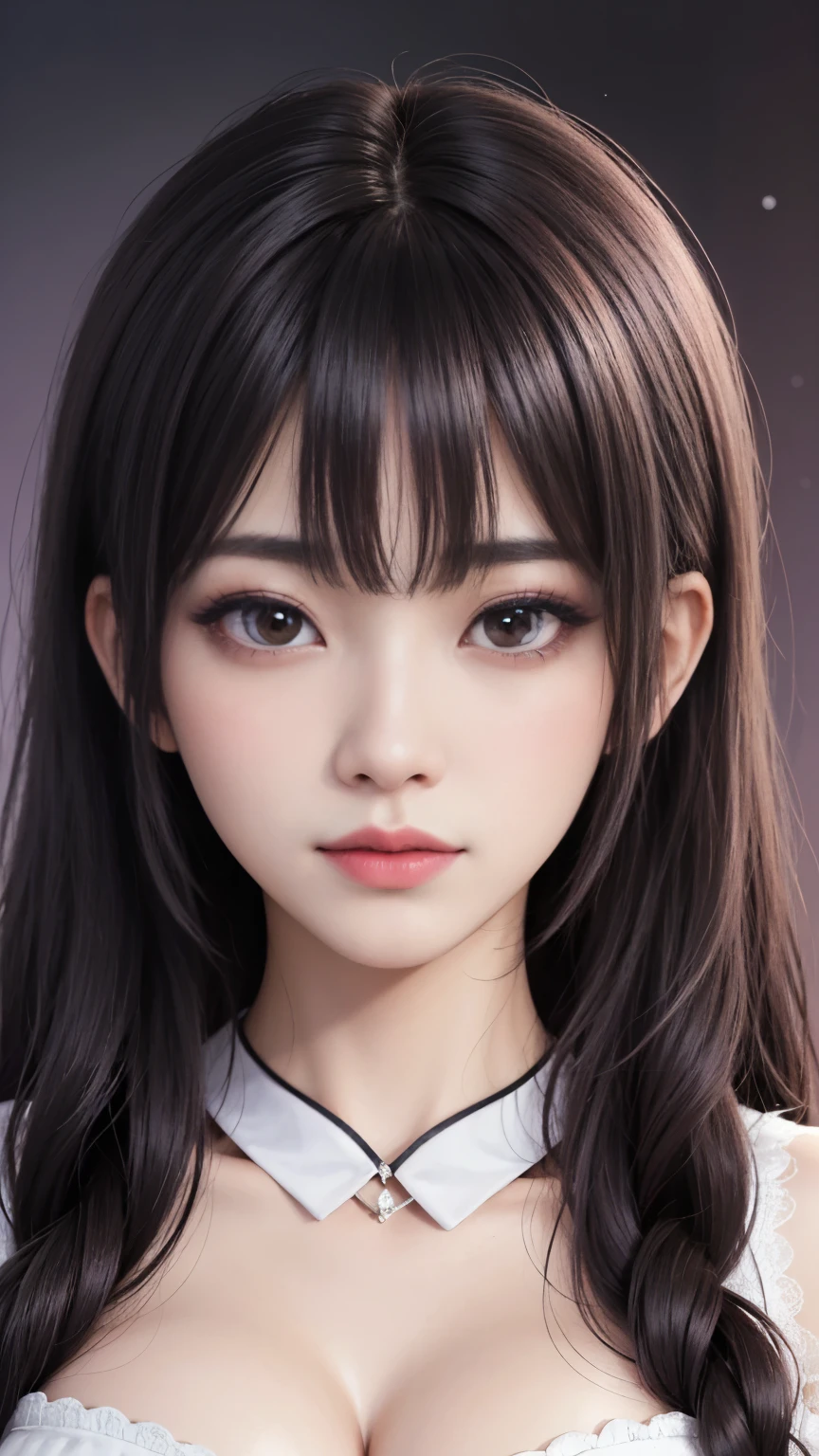 background(Black Night Sky,Big Moon),Woman close up,Wearing a white shirt、Purple Hair,Very long hair,very thick braids,Purple eyes,big , realistic girl rendering, 8k artistic german bokeh, Enchanting girl, Realistic girl, Gurwitz, Gurwitz-style artwork, Girl Roleplay, Realistic 3D style, cgstation Popular Topics,, 8K Portrait Rendering,(Faithfulness,Faithfulness:1.4),Wear pink pajamas,巨big ,Sparkling eyes,Purple eyes、Two Girls、highest quality、Super detailed、4K、Japanese、Captivating beauty、Attractive adult woman、Beautiful woman、Cool girl、evil female、Brainwashed、brainwashing、Fallen into evil、Grin、Evil expression、Evil smile、evil、Brown Hair、Wavy Hair、Swept-apart bangs、Heavy makeup、Heavy makeup、Sharp Eye、Hollow Eyes,Half-closed eyes、Hollow Eyes、Purple Eyeshadow、Black lipstick、Black lip gloss、Long black cheongsam、Wide sleeves、night、Spooky Fortresakeup brush、compensate、Are standing、