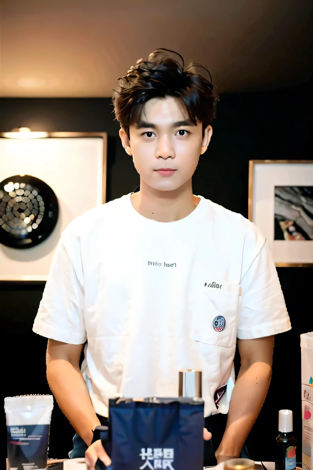 best quality, ultra high res, (photorealistic:1.4), masterpiece, Kodak portra 400, film grain, blurry background , bubble tea shop, solo,1 boys,Young man ,white skin, double eyelids,Crew cut,white t-shirt, posing, looking at viewer ,face focus,