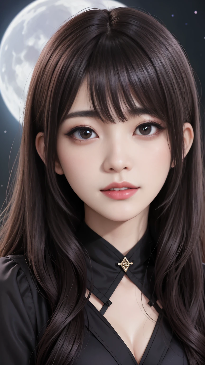 background(Black Night Sky,Big Moon),Woman close up,Wearing a white shirt、Purple Hair,Very long hair,very thick braids,Purple eyes,big , realistic girl rendering, 8k artistic german bokeh, Enchanting girl, Realistic girl, Gurwitz, Gurwitz-style artwork, Girl Roleplay, Realistic 3D style, cgstation Popular Topics,, 8K Portrait Rendering,(Faithfulness,Faithfulness:1.4),Wear pink pajamas,巨big ,Sparkling eyes,Purple eyes、Two Girls、highest quality、Super detailed、4K、Japanese、Captivating beauty、Attractive adult woman、Beautiful woman、Cool girl、evil female、Brainwashed、brainwashing、Fallen into evil、Grin、Evil expression、Evil smile、evil、Brown Hair、Wavy Hair、Swept-apart bangs、Heavy makeup、Heavy makeup、Sharp Eye、Hollow Eyes,Half-closed eyes、Hollow Eyes、Purple Eyeshadow、Black lipstick、Black lip gloss、Long black cheongsam、Wide sleeves、night、Spooky Fortresakeup brush、compensate、Are standing、