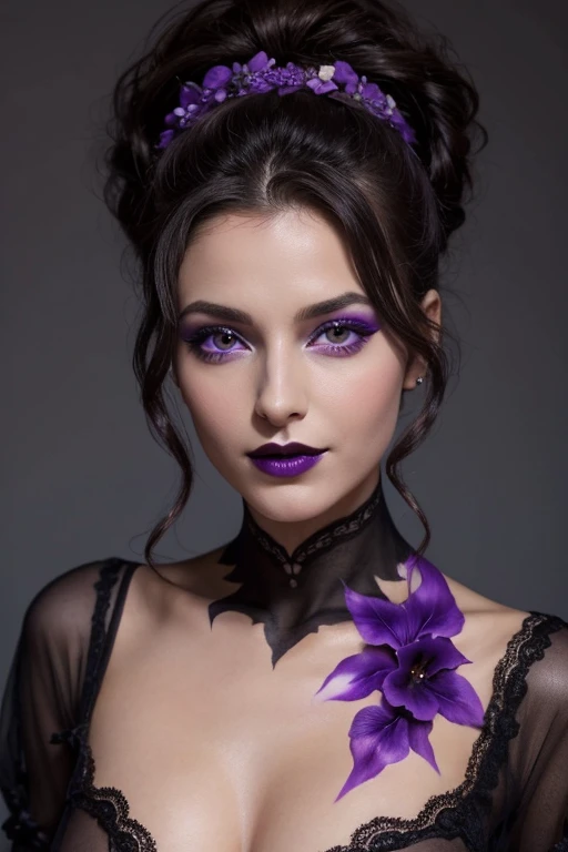 Jeune femme de 25 ans, visage fin, cheveux long, yeux marrons, HD, 8K, masterpiece, sourire romantique, sexy, mascara noir, maquillage noir, black lips, tenue gothique, vêtements noirs et violets, toile d'araignée en dentelle, cheveux noirs et violets, bodypainting, purple paint, dracula, nude, full purple and black bodypainting