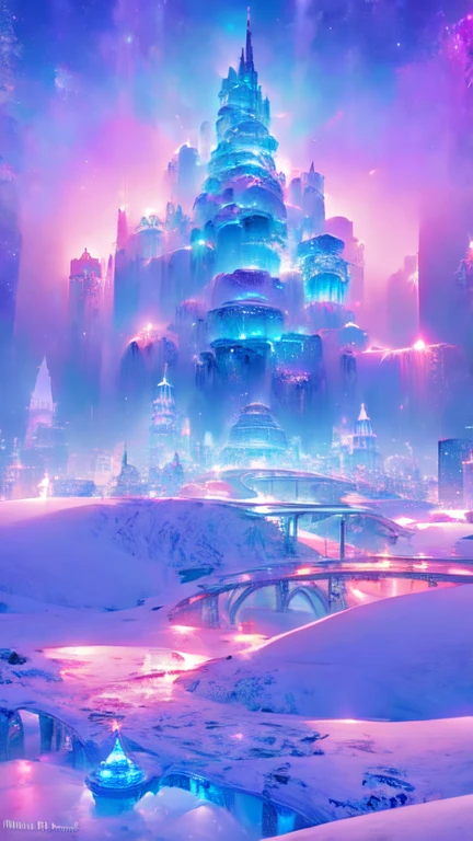 A beautiful futuristic city,(( in a snow landscape)), ice storm, futuristic fortress, luminous glyphs, 4k , uhd, insane details, white and blue