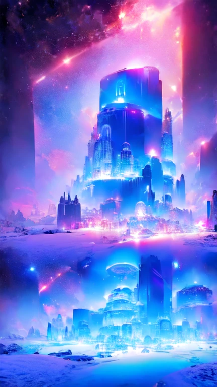 A beautiful futuristic city,(( in a snow landscape)), ice storm, futuristic fortress, luminous glyphs, 4k , uhd, insane details, white and blue