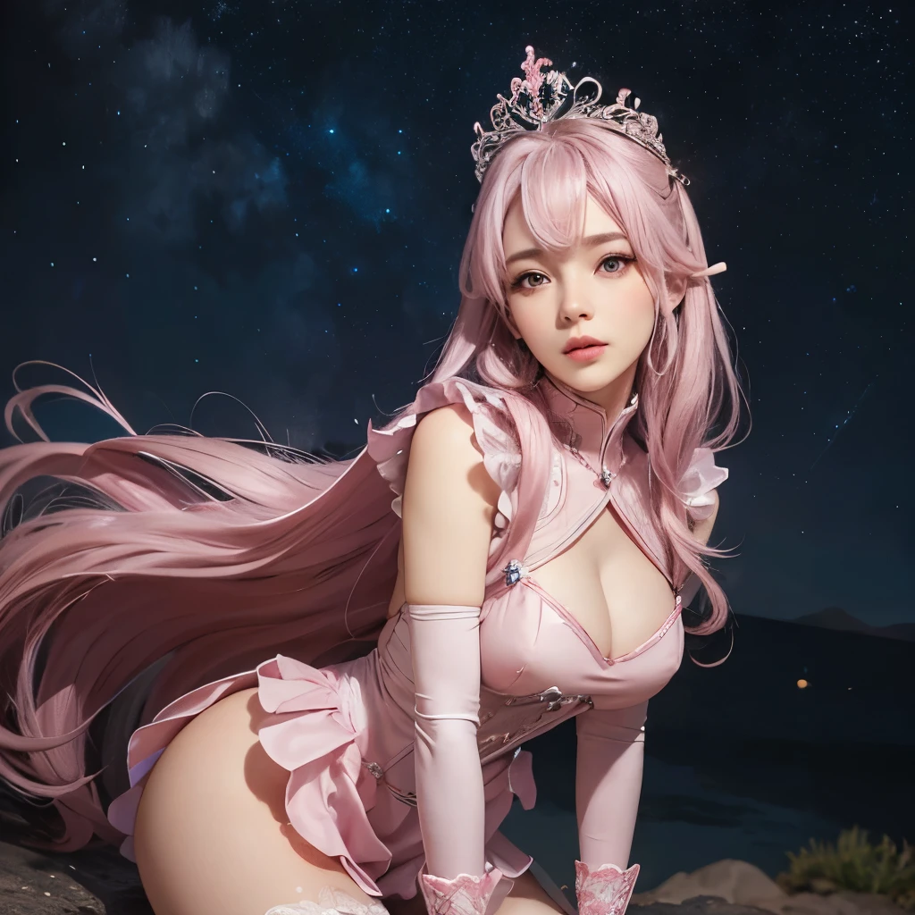 Girl, silver and pink uniform, pink hair, tiara, glove, ear wear, detailed hand, round face, detailed face, parted lips, picture form top to knee, sexy pose, large breasts, look at camera, camera from top to bottom, detailed, photorealistic, best quality, night sky background