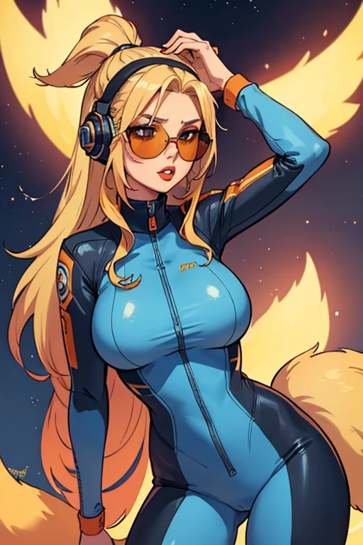 Girl with long blonde hair in a ponytail, red lips, blonde fox ears and tail, big breasts, wearing a tight light blue and orange pilot suit, headphones, sunglasses