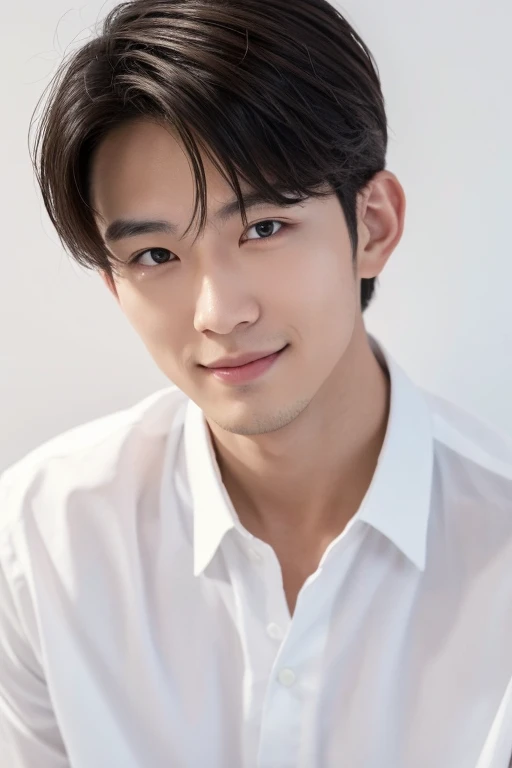 Realistic skin texture, 28-year-old Japanese man with good looks, The atmosphere is sportsman-like., White collared shirt, Part your hair in the middle and expose your forehead., White wall background, looking at the camera, , Sexy gaze, smile, The hairstyle is cool, Arrange your hairstyle, The nose is small, An ennui atmosphere, Don't touch your hair, The eyes are large, Perfect Face, Perfect Face,