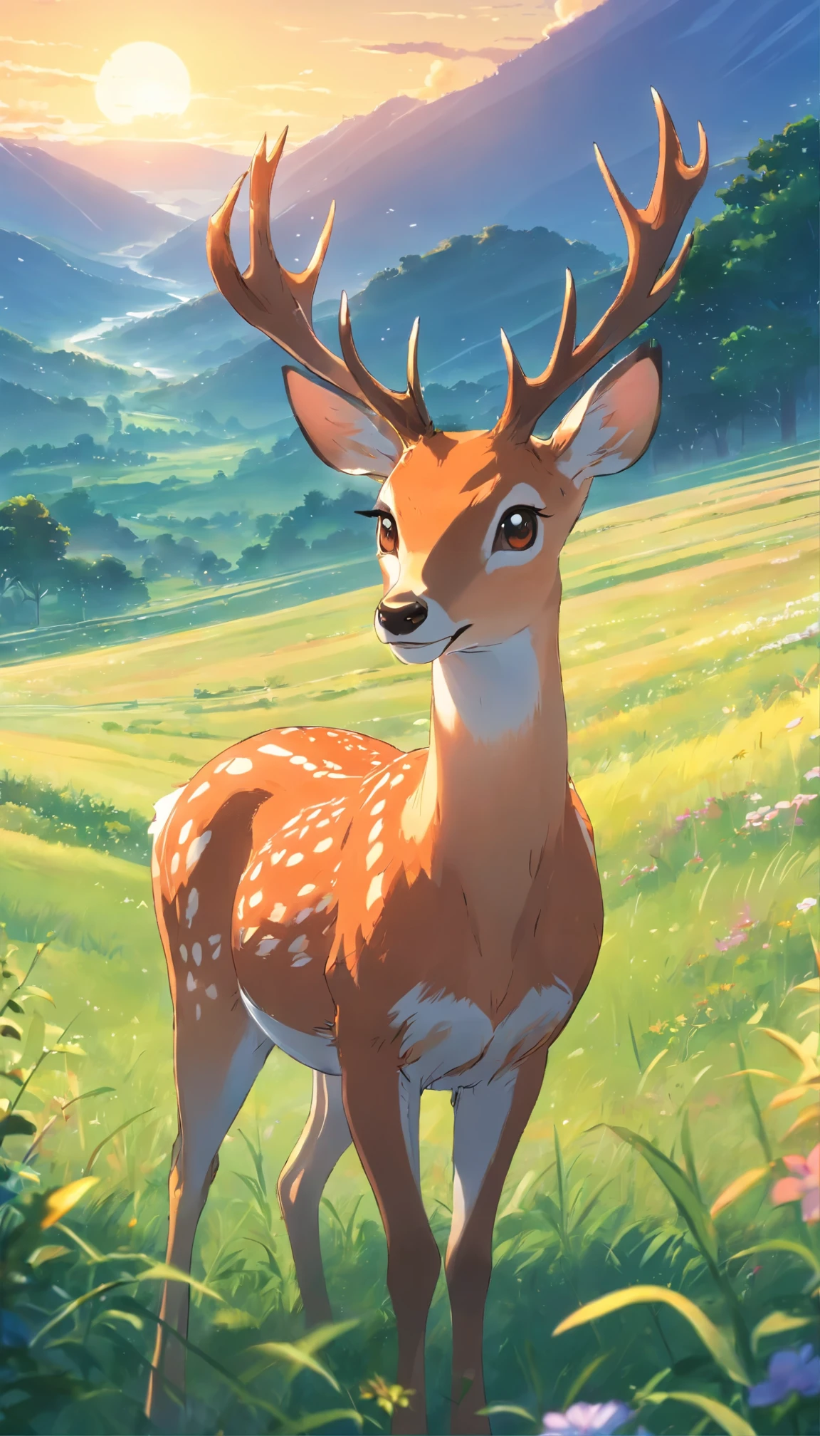 a close-up view of a serene deer standing in a meadow at dawn. Focus on the gentle expression and delicate features of the deer, with morning dew glistening on the grass around it. The background should be soft and muted, with the rising sun casting a warm glow, by makoto shinkai, anime beautiful peace scene, beautiful anime scene, anime background art, anime landscape wallpaper, anime countryside landscape, anime art wallpaper 4 k, anime art wallpaper 4k, beautiful anime scenery, anime art wallpaper 8 k, amazing wallpaper