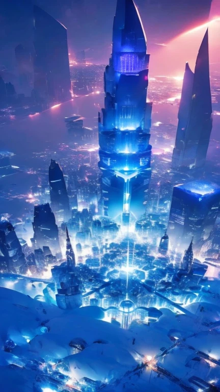A beautiful futuristic city,(( in a snow landscape)), ice storm, futuristic fortress, luminous glyphs, 4k , uhd, insane details, white and blue