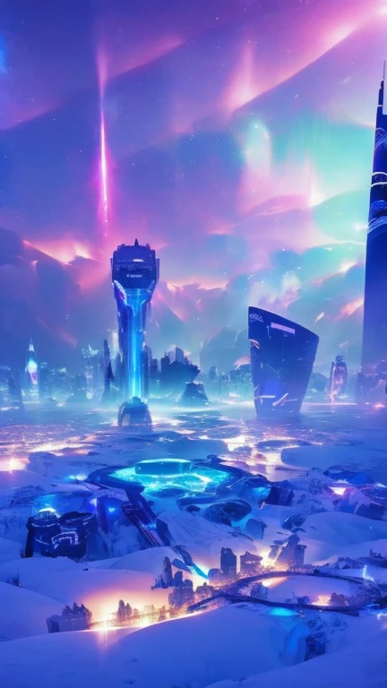 A beautiful futuristic city,(( in a snow landscape)), ice storm, futuristic fortress, luminous glyphs, 4k , uhd, insane details, white and blue