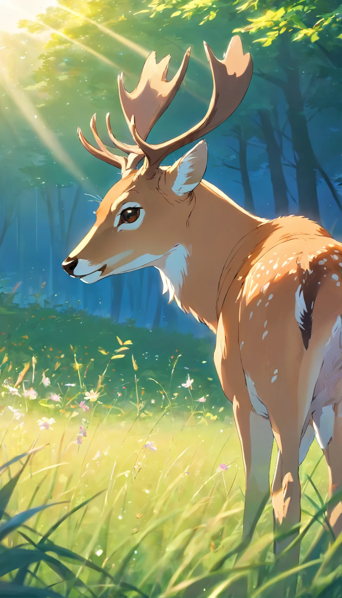 Illustrate a close-up view of a serene deer standing in a meadow at dawn. Focus on the gentle expression and delicate features of the deer, with morning dew glistening on the grass around it. The background should be soft and muted, with the rising sun casting a warm glow, by makoto shinkai, anime beautiful peace scene, beautiful anime scene, anime background art, anime landscape wallpaper, anime countryside landscape, anime art wallpaper 4 k, anime art wallpaper 4k, beautiful anime scenery, anime art wallpaper 8 k, amazing wallpaper