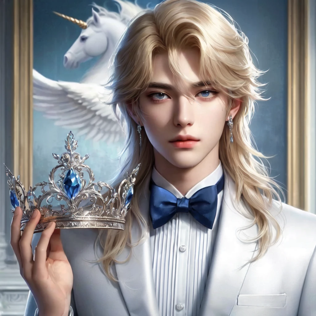 blond haired man in a white suit holding a crown and a unicorn, beautiful androgynous prince but masculine, delicate androgynous prince, portrait of magical blond prince, handsome prince, the white king, royal elegant pose, moon in his crown, renaissance prince, royal portrait, white crown, fantasy male portrait, wearing a crown and suit, avatar image, handsome stunning realistic, kim taehyung, taehyung kim, taehyung, bts, bangtan, thv, kpop man