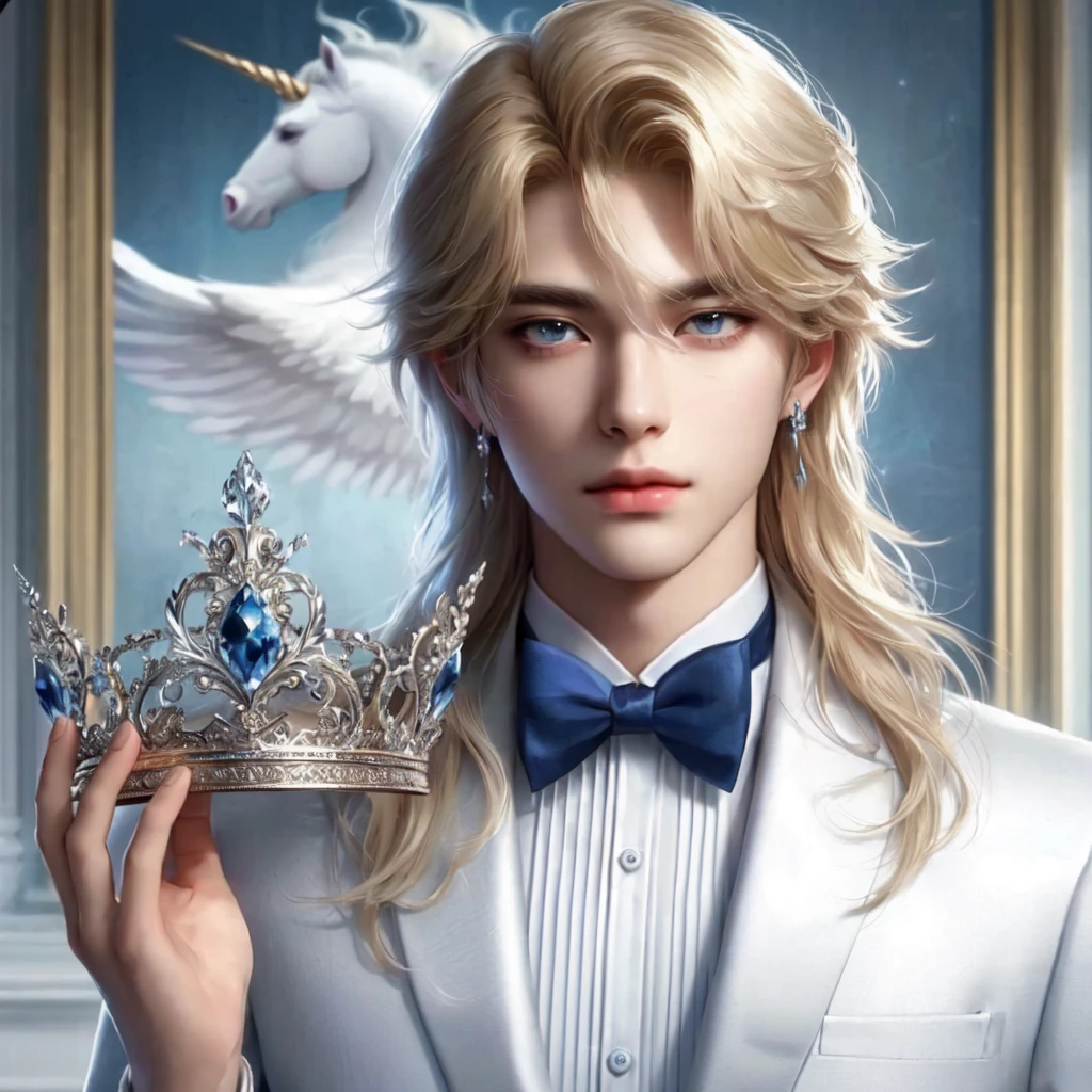 blond haired man in a white suit holding a crown and a unicorn, beautiful androgynous prince but masculine, delicate androgynous prince, portrait of magical blond prince, handsome prince, the white king, royal elegant pose, moon in his crown, renaissance prince, royal portrait, white crown, fantasy male portrait, wearing a crown and suit, avatar image, handsome stunning realistic, kim taehyung, taehyung kim, taehyung, bts, bangtan, thv, kpop man