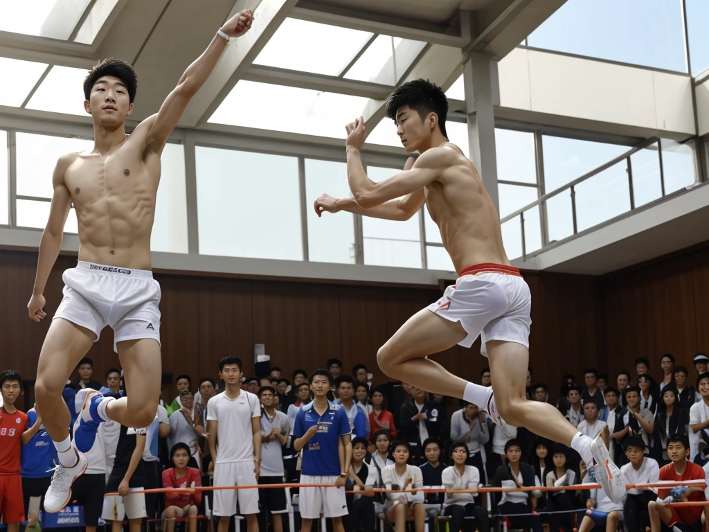 1  guy, jumping ,full body, skinny thin body, Korean  guy 18 years old, badminton player at court, jumping to hit a badminton, shirtless, wearing a transparent white underwear,handsome face, **among many audiences **, sunshine day, professional paparazzi photo 