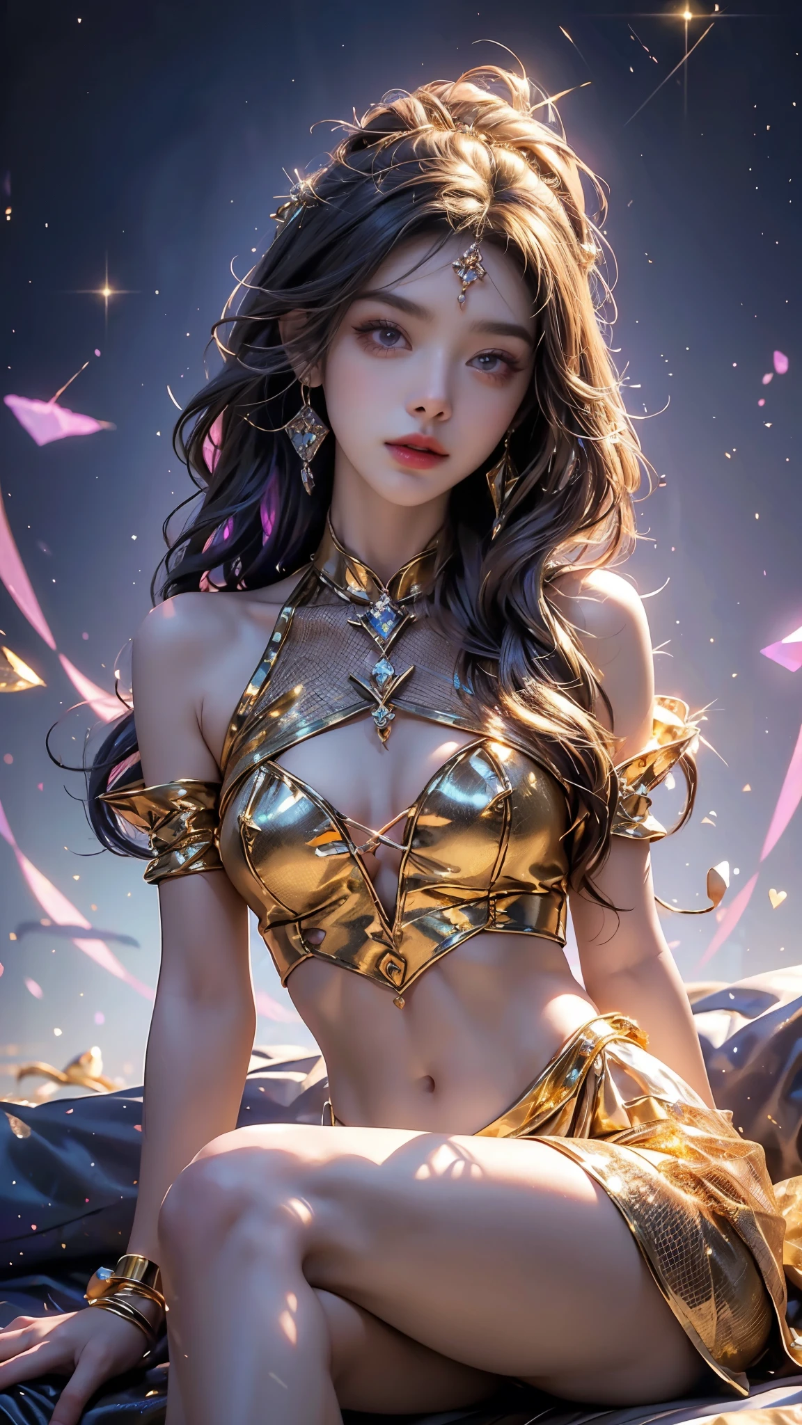 4K, UHD, masterpiece, Best quality, 1 girl, detailed face, detailed eyes, Kda, Alone, very Long hair, small breasts, ((golden sparkle dress)), ankle-length skirt, ((mesh sardine)), ((bare navel)), looking at viewert, Multicolored glowing crystals, heart sparkle, neon sparkle, bloom, ray tracing, god rays, HDR, DSLR, sitting on the chair,