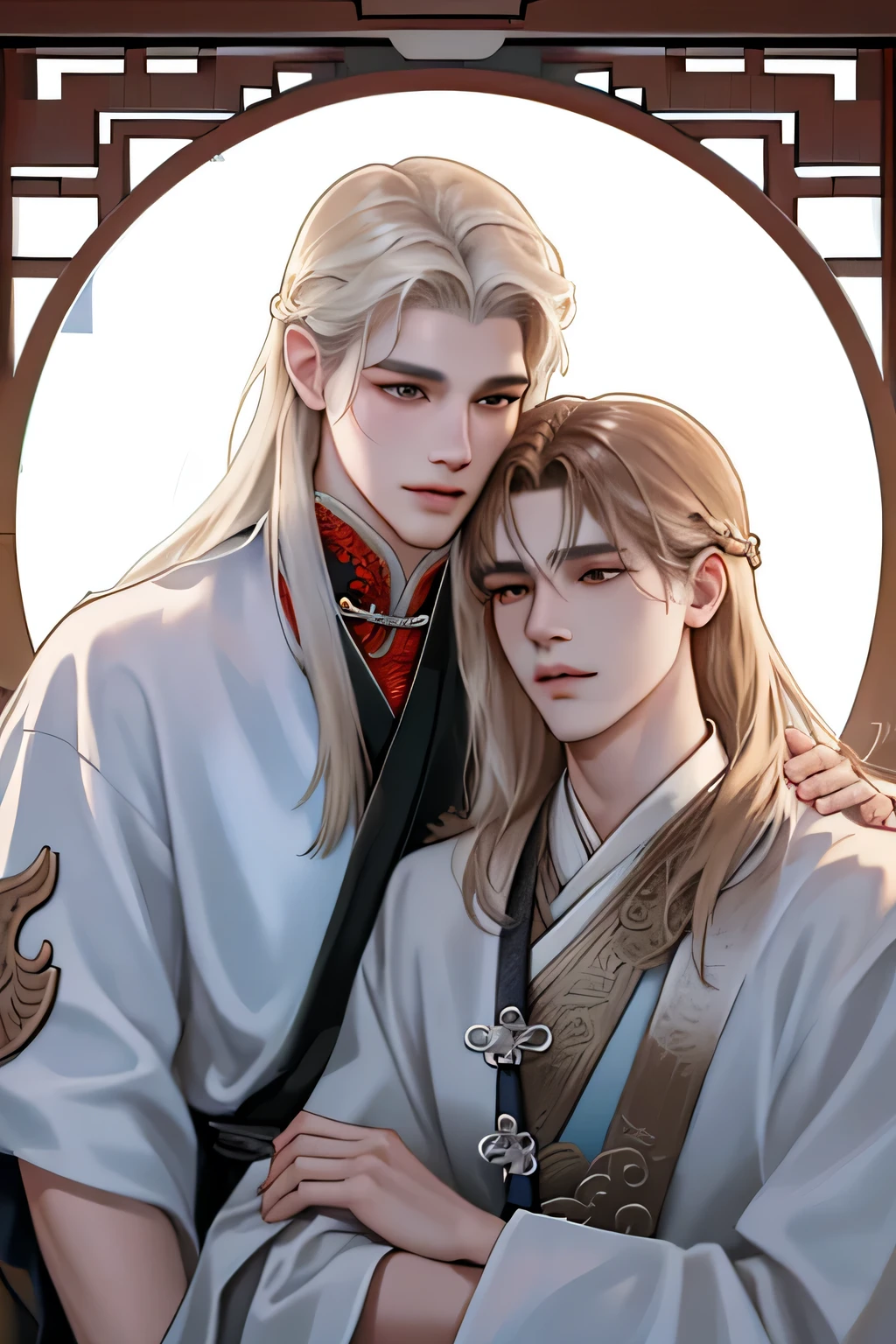 nsfw, masterpiece, best quality, ultra-detailed, semi-realistic, detailed facial features, 2boys, bl, a white wolf right behind  , blach hair, long hair, brown eyes, wearing a detailed and intricate xianxia ancient white clothes