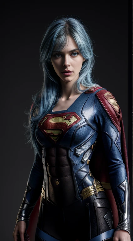 8K, Top Quality, Intricate Details, Ultra Detail, Ultra High Resolution, Masterpiece, close up shot, (full body: 1.1), Slender, Smile, (Makeup: 0.4), (Fluffy Blue Eyes: 1.21), (()), 1girl, solo, 1 girl, ((blue hair, bangs)), close up shot, , ((tall)), (((fit body))), (((slim face))), sharp face, (())  ,(detailed face), sharp face, small lips, , , ,
 ((,   )), , ((superman)), detailed face, , Narrow Waist, Skinny, tall , 175 cm tall, Muscular, Navel, Exposed Abdomen, Pointed Chest,, Beautiful girl with accentuated slender abs: 1.4, Six Pack Abs: 1.4, Bust Botox, Big, Perfect Body, detail leg, (( dark background)), black background,