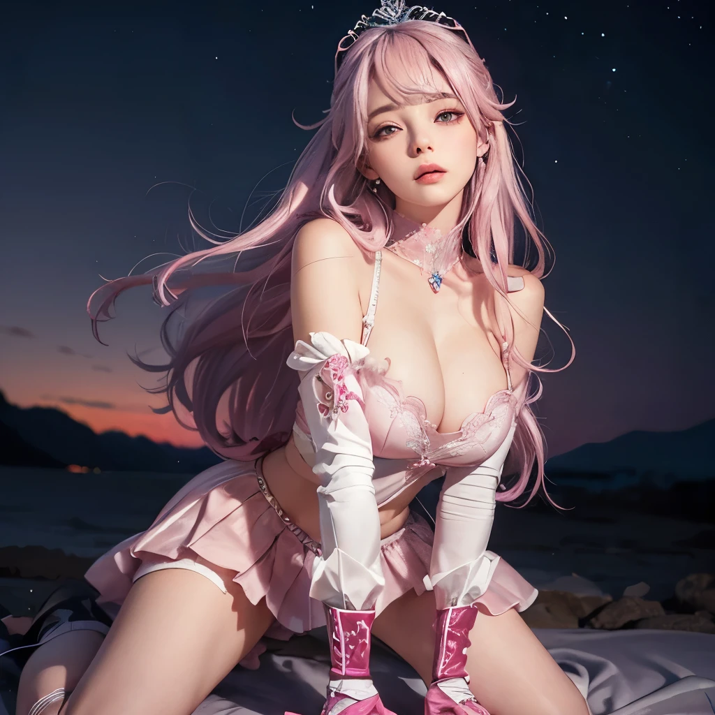Girl, silver and pink uniform, pink hair, tiara, glove, ear wear, detailed hand, round face, detailed face, parted lips, picture form top to knee, sexy pose, large breasts, look at camera, camera from top to bottom, detailed, photorealistic, best quality, night sky background